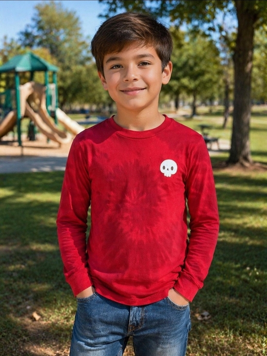 art class Other - art class Red Tie-Dye Long-Sleeve Tee with Small White Skull, Sz 8-10 (M).